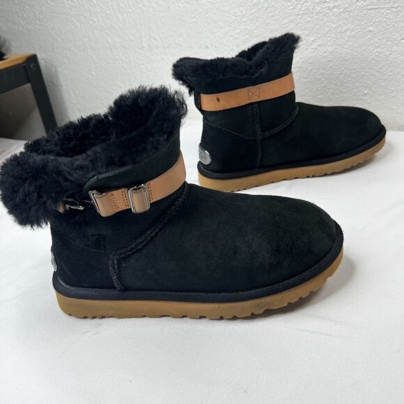 UGG Aurelyn Ankle Boots Booties Faux Fur Suede Black Tan US Womens 7 - Picture 6 of 11